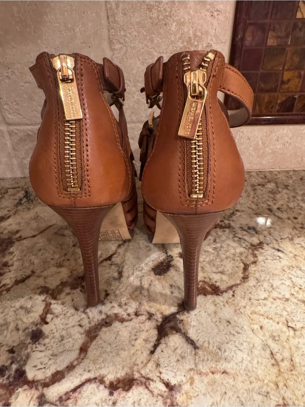 Michael Kors Leather Cognac Strappy Buckle High Heel 3”
